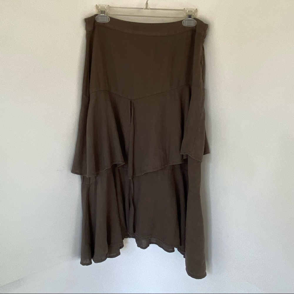 ZARA Green Ruffle Tiered Midi Skirt linen blend M